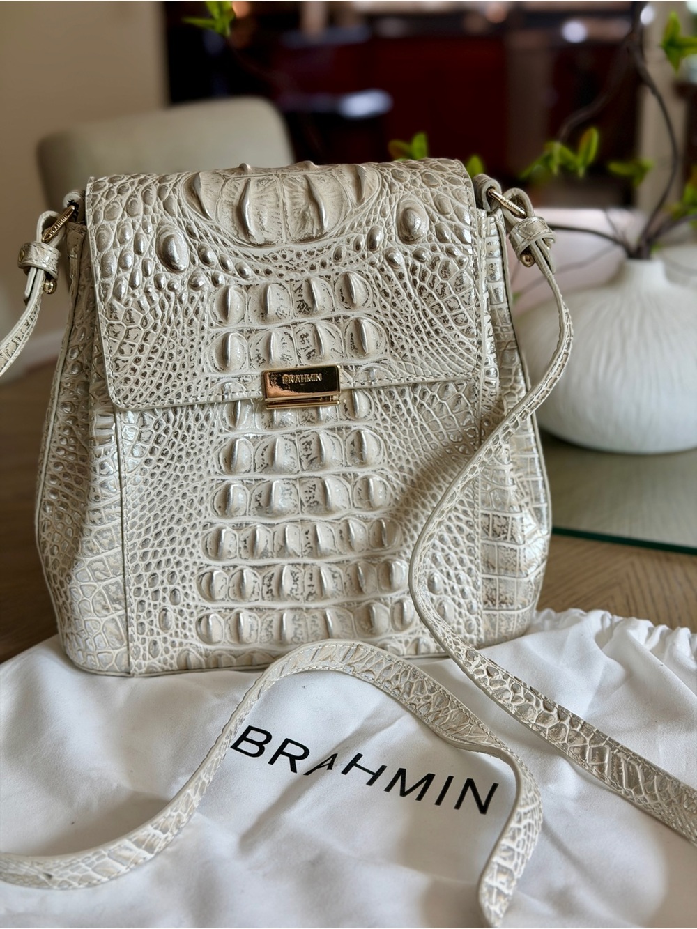 Brahmin Cream Croc-Embossed Leather Crossbody with Gold Hardware